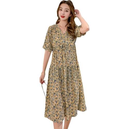 New Fashion Women Summer Chiffon Dress Female Sweet Print Series V-neck Sexy Loose Plus Size Casual Receive Waist Dresses OK745