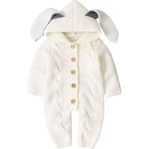 Infant Baby Girl Boy Solid Jumpsuit Long Sleeve Buttons Knitted Jumpsuit Romper Cute Baby Hooded Rompers