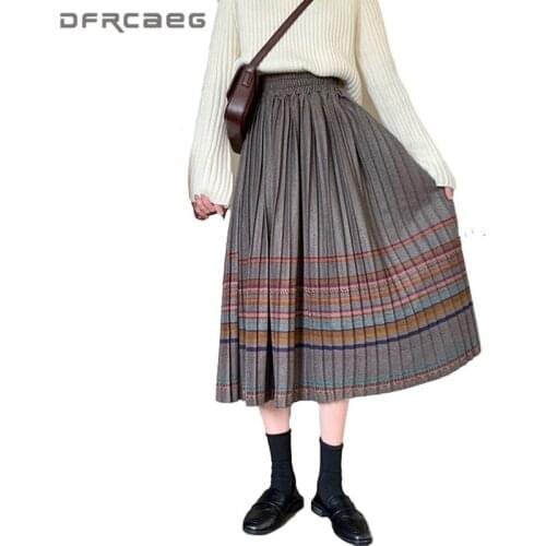 Autumn Winter Plaid Vintage Pleated Skirts For Woman 2020 High Waist Retro Wool Long Skirts Ladies Female Saias
