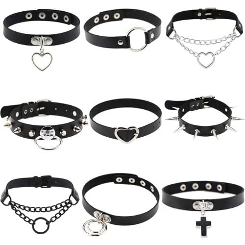Punk Gothic Black Pu Leather Heart Cross Round Choker Necklace For Women Spike Rivet Neck Jewelry Chocker Collar Necklaces