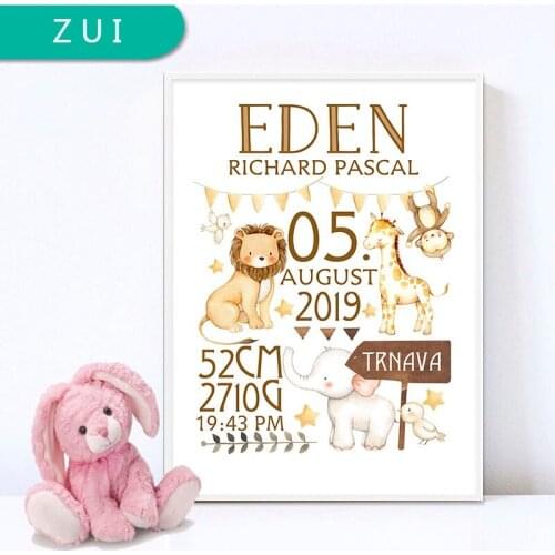 Personalized Baby Birth Custom Poster Nursery Art Print Animal Canvas Painting Wall Picture Nordic Kid Boy Bedroom Decoration