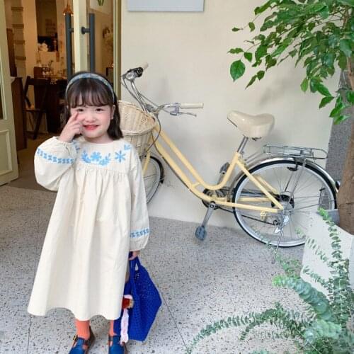 Korean2021 Spring high quality floral embroidery long style dress pure cotton loose princess dresses