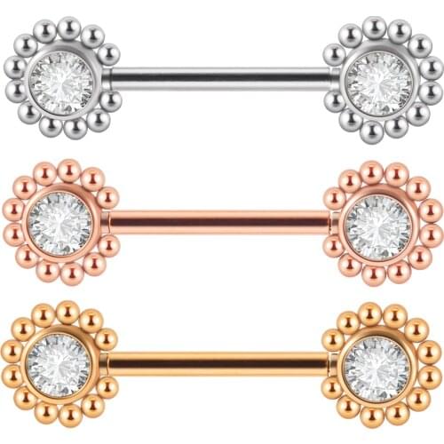 Press Fit 316 Surgical Stainless Steel Flower Shape Zircon Crystal Nipple Barbell Ring Push In Body Piercing Jewelry 14G