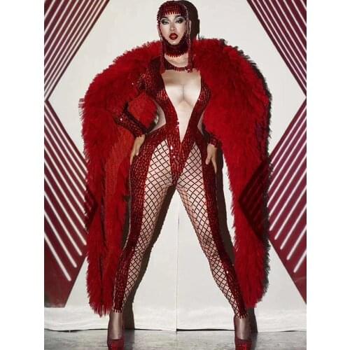 Luxury Red Sequined Jumpsuit Cloak For Nightclub Women Singer Dj Stretch Long Bodysuit Celebrate Birthday Party Outfit VDB3006