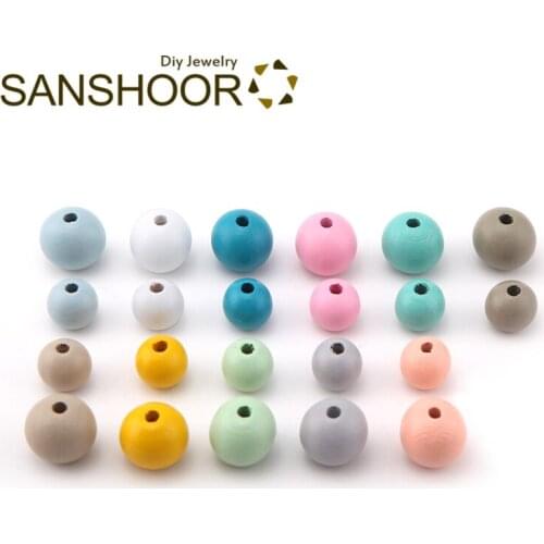 SANSHOOR Mix 15mm 20mm Round Wooden Beads Candy Colors Fit Diy Key Chain Handmade Pendant Necklace Drop Earrings For Women 40pcs