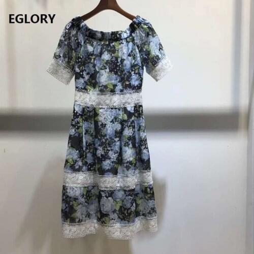 Sexy Off Shoulder Dress 2020 Summer Ladies Blue Flower Print White Lace Patchwork Short Sleeve Slim Fitted A-Line Casual Dress