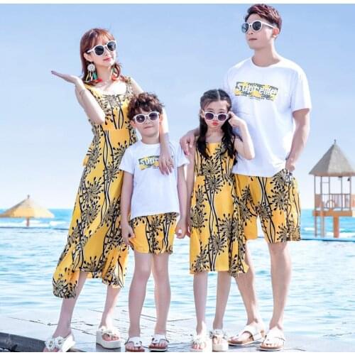 New Fashion Summer Family Outfits Mother Daughter Dresses Girl Dress Father Son Sets Cotton Short Sleeve T Shirt Shorts Casual
