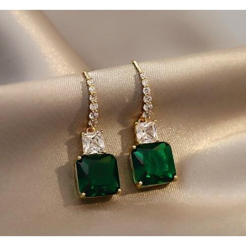 Luxury Exquisite Green Crystal Square Pendant Drop Earrings For Woman Korean Fashion Jewelry Party Girls Temperament Earrings