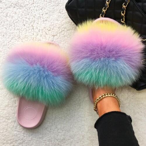 Furry Fur Slides Real Fox Fur Slippers Fluffy Flip Flops Flat Summer Sandals Sweet Ladies Beach House Slippers Women Home Shoes