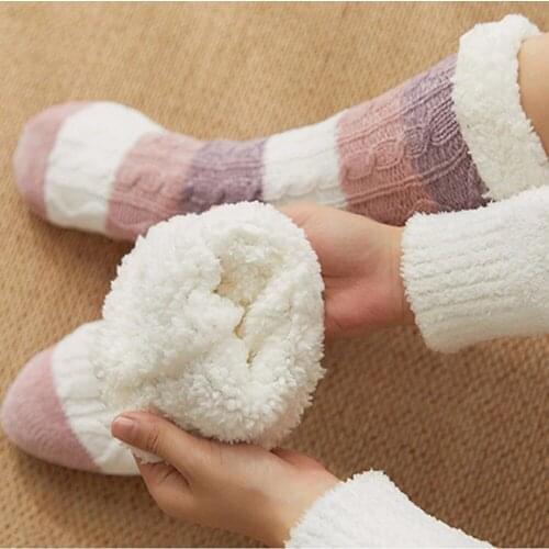 Thick warm sleep socks slippers socks Thicken Women Girls Print Stripe Casual Non Slip Warm Winter Mid Tube Cute Socks