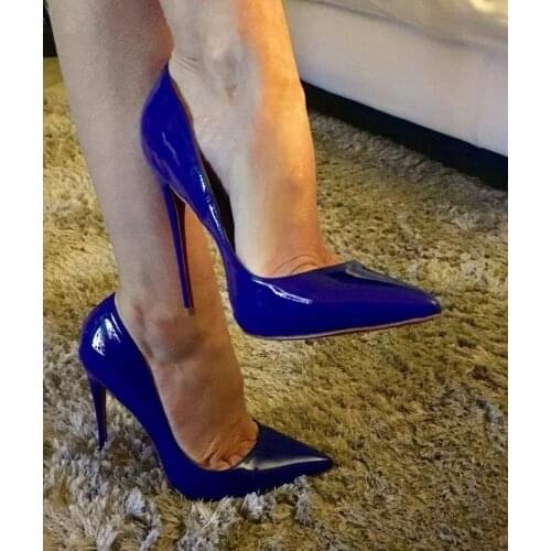 Moraima Snc Blue Patent Leather High Heel Shoes Sexy Pointed Toe Thin Heels pumps Ladies Stiletto Party Dress Heels