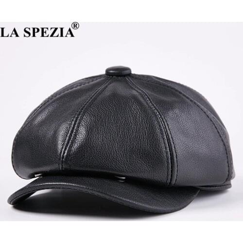 LA SPEZIA Octagonal Cap Real Leather Men Black Vintage Newsboy Caps Male Spring Casual Gatsby Hat Classic Painter Flat Hats