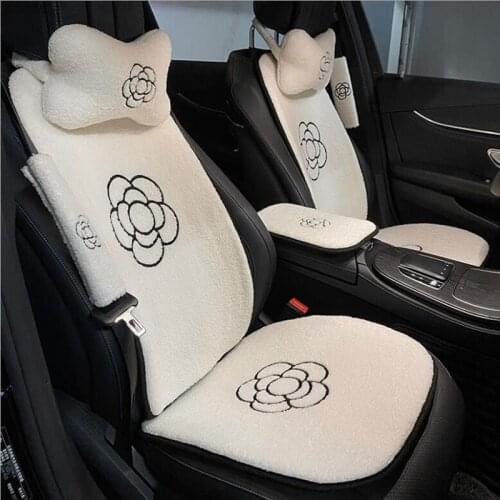 Four Seasons Universal Winter Plush Goddess Three-piece Set Neckpillow Camellia Warm Lamb Wool Car Seat Cushion Cover