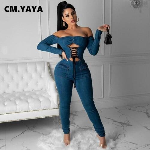 CM.YAYA Denim Jumpsuit for Women Sexy Club Partywear Lace Up Cut Out Off Shoulder Long Sleeve One Piece Overall Rompers 2021 New