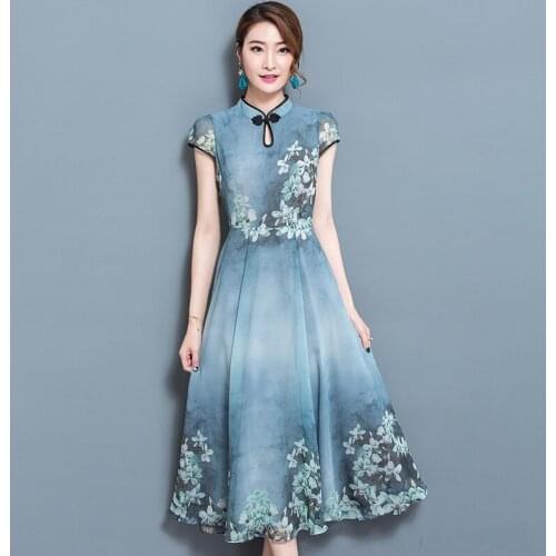 2020 Summer Women Cheongsam Chinese Dress Vintage Printed High Waist Qipao Dresses Traditional Ladies Floral Elegant Dress 11452