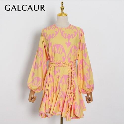 GALCAUR Print Hit Color Dress For Female O Neck Long Sleeve High Waist Slimming With Belt Ruched Womens Elegant Dress Fashion