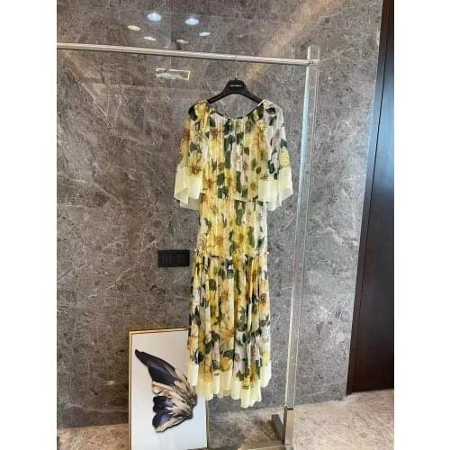 New 2021 Idyllic Summer Lotus Leaf Round Neck Silk Dress Pleated Skirt High Quality Sicily Luxury