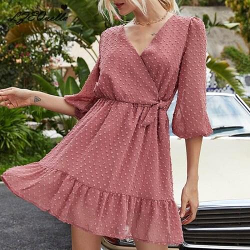 Women Ruffles V Neck Sashes Chiffon Mini Dress Pleated Dot Beach Sundress Half Sleeve Ladies 2021 Party Dresses Vestido NZ2997