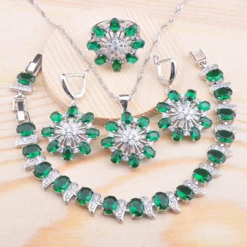 2020 New Green Crystal Silver Color Jewelry Set For Women Engagement Gift Bracelet Necklace Pendant Earrings Ring QS0707