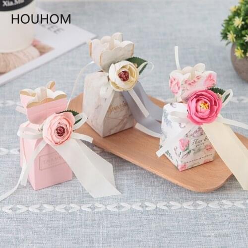 5pcs Vase Shape Dragee Candy Gift Box Cardboard Box Wedding Party Paper Gift Packaging Mariage Flower Box with Flower and Ribbon