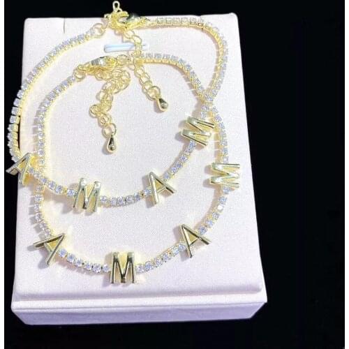 5Pcs Classic Elegant Design Gold Plated Cz Crystal Cubic Zircon AAA Tennis Chain MAMA Initial Letter Charms Moms gift