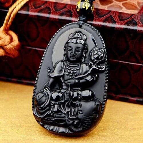 Free Shipping 100% Natural Obsidian Carved Ride an elephant kwan yin Pendant necklace