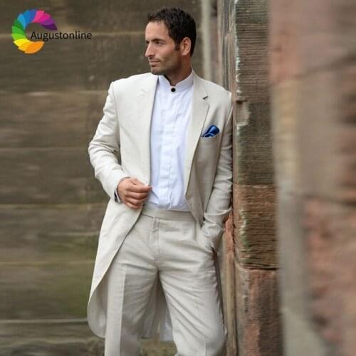 Beige Linen Tailcoat Men Suits Wedding Morning Dinner Slim Fit Costume Homme Groom Tuxedo 2Piece Jacket Pants Man Blazer Ternos