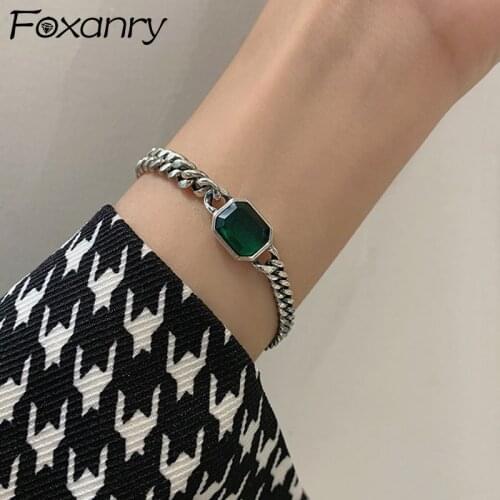 Foxanry 925 Sterling Silver Bracelet for Women Trendy Elegant Vintage Simple Green Zircon Party Jewelry Birthday Gifts Wholesale