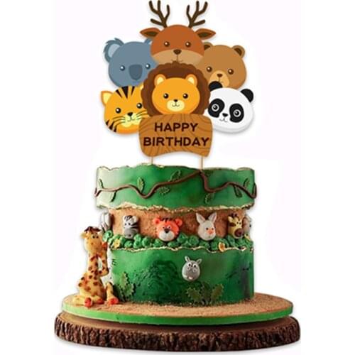 Woodland Happy Birthday Cake Toppers Monkey Lion Boy One Birthday Cupcake Decor Jungle Safari Animal Happy Birthday Party Decor