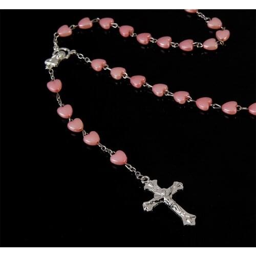 Catholic white love beads rosary necklace, heart-shaped pink rosary necklace, Catholic Maria center rosary necklace