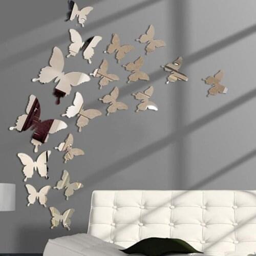 Hot 12pcs Mirror Wall Sticker Decal Butterflies 3D Mirror Wall Art Party Wedding Home Decors Butterfly Fridge Wall Decal on Sale