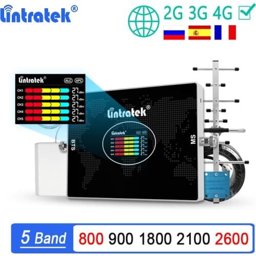 Lintratek Five Band Cellular Repeater GSM 2G 3G 4G LTE Signal Booster 800 900 1800 2100 2600 B20 DCS B7 70dB Signal Amplifier