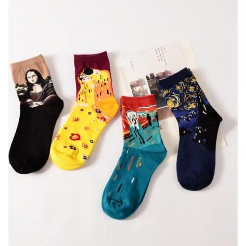 Fashion Retro Women Men Van Gogh Mural Christmas Abstract Oil Painting Mona Lisa Art Socks Funny Comfortable Breathable Socks