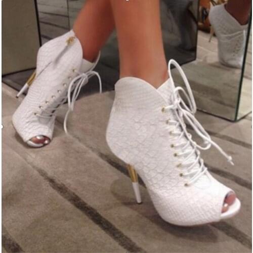 Fashion Fish Scales Peep Toe Lace-Up Boots Female Gold Plated Thin High Heels Ankle Boots Roman Style White Leather Short Boots