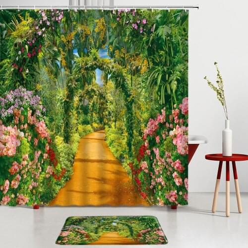Flowers Wall Scenery Shower Curtains Set Bath Mats Green Plants Tengman Kitchen Bathroom Rugs Room Decoration Bath Screens
