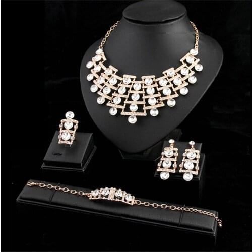 Chunky Crystal Jewelry Set Bridal Choker Wedding Necklace Earrings Bracelet Ring Statement Sets Women Collar Bib Dubai African