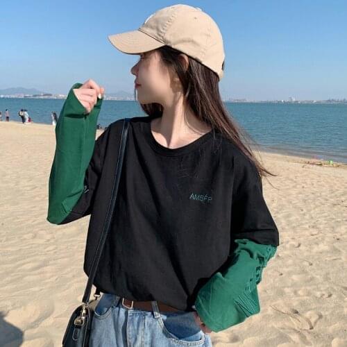 2021 new autumn thin section fake two-piece embroidery long-sleeved t-shirt women loose Korean T-shirt