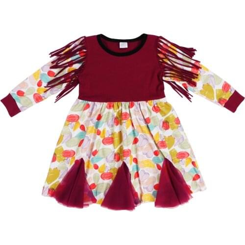 Kaiya Angel 2019 Autumn Toddler Baby Girls Long Sleeve Floral Dress Children Burgundy Mesh Pacthwork Clothes Girls Tassel Dress