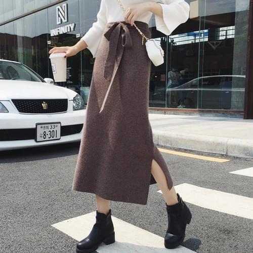 Autumn Winter Casual Women Knitted Skirt Vintage long tie up A-Line sweater skirts Elegant Womens Warm long cashmere knit skirt