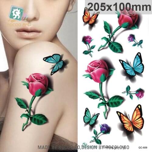 Rocooart 3D Tattoo Rose Sticker Body Art Waterproof Temporary Tattoo Stickers Butterfly Fake Taty Girl Tatuagem For Women QC-609