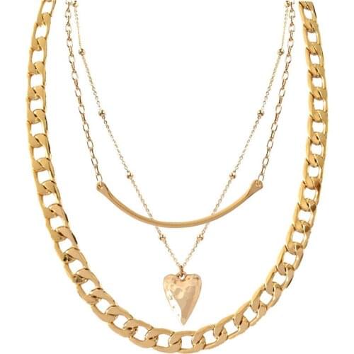 High Quality Layered Separable Necklace Gold Color Hammered Heart Pendant Wide and Thick Chain Necklace for Trendy