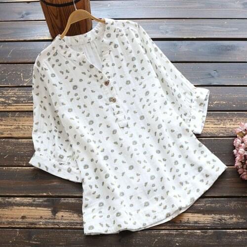 New Summer Womens Double-layer Cotton Printing Floral Shirt Loose Casual Pullover Tops V Neck Button Blouses Short-sleeved 2021