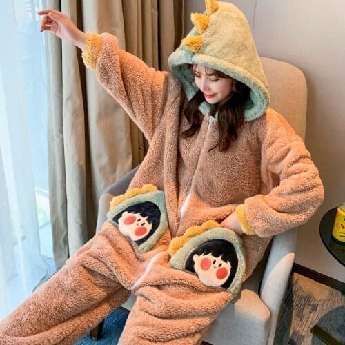 Winter Pajamas Women Sleepwear Cartoon Hooded Coral Velvet Nightgown Plush Fashion Home Wear Plus Size Flannel Nighty Add Fleece