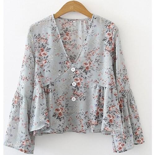 Alien Kitty Retro Chiffon Flare Sleeves Fresh Tops All Match Girls 2021 High Quality Women Printed Floral Chic Vintage Blouses