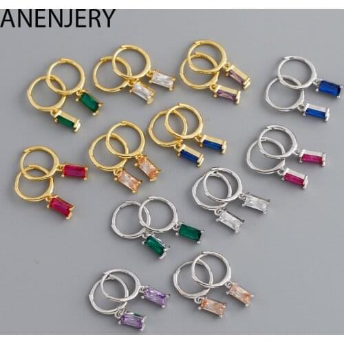 ANENJERY 925 Sterling Silver Geometric Square Colored Zircon Hoop Earrings For Women Temperament Earrings Whole S-E1533