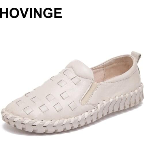 HOVINGE Handmade vintage womens shoes genuine leather female moccasins loafers soft slip-resistant Slip-On casual shoes flats