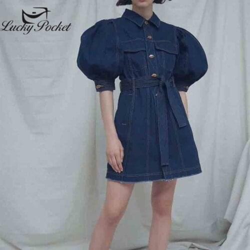 2020 Women Summer Fashion New Slim Denim Mini Dress Female Loose Casual Puff Sleeve Dresses Ladies Sashes Spliced Vestidos ML195