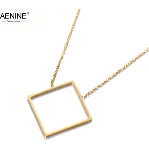 AENINE Classic Hollow Geometric Square Pendant Necklaces Jewelry Titanium Steel Chokers Necklace For Women Colares AN17052