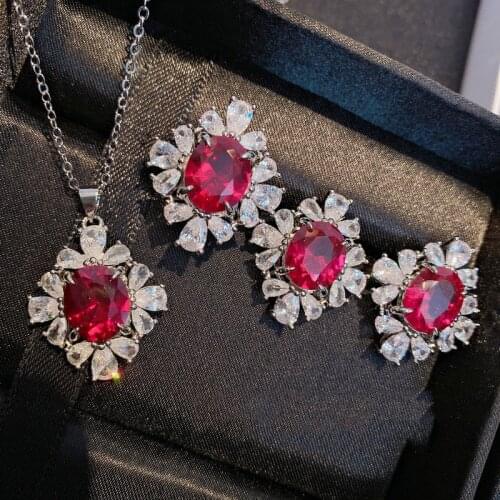 Ladies Stunning Topaz Gemstone Jewelry Set for Women Solid 925 Silver Pendant Necklace Red Morganite Earrings Ring Party Jewelry