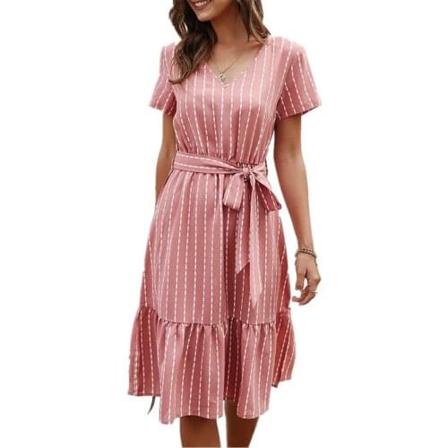 2021 summer new stripe slim slim mid-length short-sleeved waist lace-up womens mid-length dress
